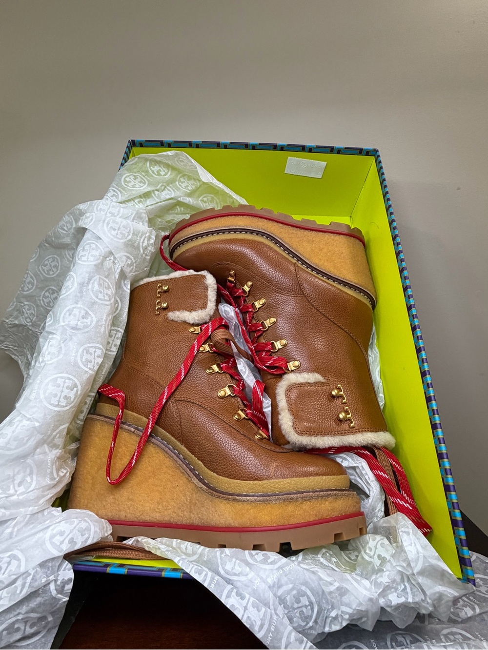 Tory Burch Tan Leather Wedge Boot with Red Laces and Shearling Trim - Picture 8 of 11
